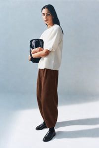 ELASTIC-WAISTED GABAARDINE BELL-BOTTOM PANTS