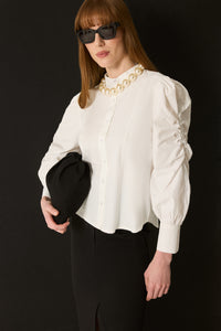 RUCHED SLEEVE HIGH-NECK POPLIN SHIRT