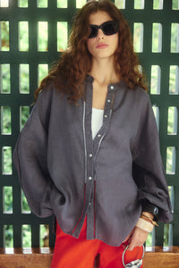 OPENWORK STITCH DETAIL OVERSIZED LINEN SHIRT
