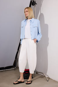 ELASTIC-WAISTED GABAARDINE BELL-BOTTOM PANTS