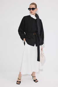 BALLOON SLEEVE BELTED SEASONAL BOMBER JACKET