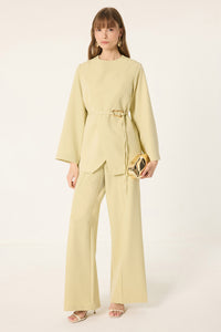 ASYMMETRICAL BELTED JACKET AND PANTS SET